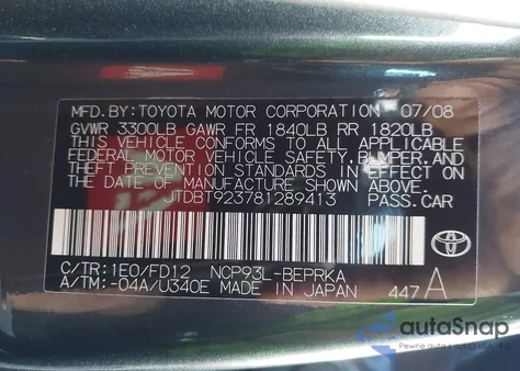 2008 Toyota Yaris z USA, uszkodzony, nr VIN JTDBT923781289413